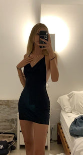 Black Satin Sleeveless Homecoming Party Dress with Built-in Bra